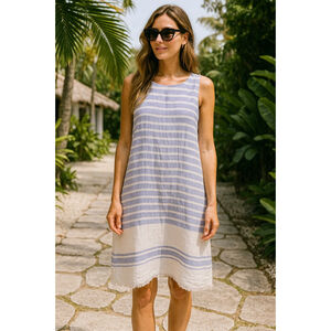 Women's J.McLaughlin Dress XS Blue White Striped Sleeveless Linen Blend Resort